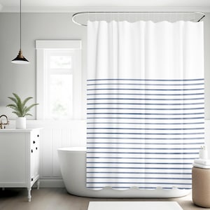 Blue Strip Shower Curtain | Modern Farmhouse Shower Curtain | Blue and White Shower Stall Curtain | Minimalist Bathroom Decor