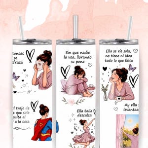 Puede incluir: Vaso de acero inoxidable blanco con ilustraciones de una mujer en varias poses, incluyendo llevar una máscara, sentada y bailando. Texto en español con frases como "Sin que nadie la vea" y "Ella se ríe sola".