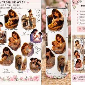 May include: A white 20oz tumbler wrap design featuring illustrations of mothers and children in various tender moments. The design includes the text "20oz TUMBLER WRAP" and "Diseño para Sublimación". The design is suitable for sublimation.
