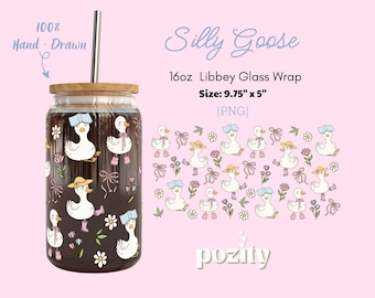 Silly Goose Libbey Glass Wrap PNG, Cute Goose with Bow and Flowers Glass Can Wrap, Coquette 16oz Cup Wrap, Goose Book Club Aesthetic Design