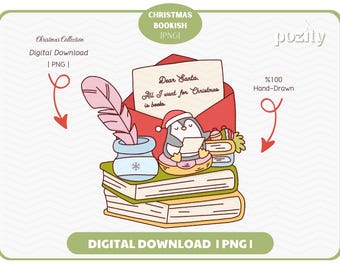 Cute Bookish Penguin PNG, Cute Trendy Aesthetic Christmas Winter Holiday Festive Season Bookish png for Stickers, Bookmarks, Commercial use