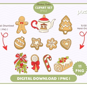 May include: A collection of hand-drawn Christmas cookie clipart in various shapes, including a gingerbread man, Christmas tree, and snowflake. The image includes text that says "Christmas Cookies CLIPART SET" and "Digital Download | PNG |".