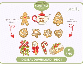 May include: A collection of hand-drawn Christmas cookie clipart in various shapes, including a gingerbread man, Christmas tree, and snowflake. The image includes text that says "Christmas Cookies CLIPART SET" and "Digital Download | PNG |".