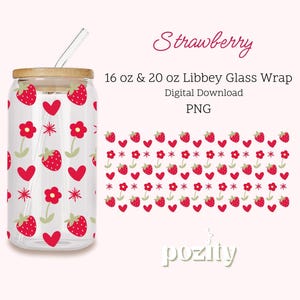 Strawberry Glass Can Wrap Png, 16oz & 20oz Cute Strawberry Libbey Glass Can Wrap Png, Strawbery Cup Wrap Png, Strawbery Flower Libbey Glass