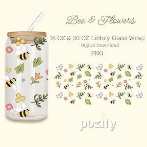 Bee Libbey Glass Wrap Png, Bee 16oz 20oz Glass Can, Bee Flower Cup Wrap, Bee Glass Wrap Design, Floral Tumbler Wrap, Honey Comb Can Wrap