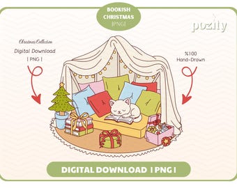 Cute Winter Bookish Cat Png, Cute Trendy Aesthetic Cozy Christmas Winter Holiday Season Bookish png for Stickers, Commercial use