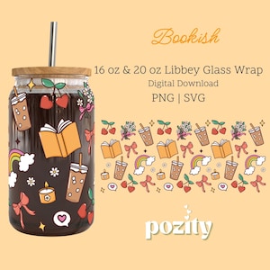 Coquette Bookish Libbey Glass Can Wrap Png Svg,  Cherry Love Cup Wrap, Flower Libbey Glass, Trendy Girly Aesthetic Glass, Bookish Cup Design