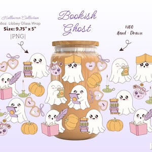 Bookish Ghost Libbey Glass Png, Cute Ghost Reading Can Wrap, Spooky Halloween Cup Wrap, Cozy Bookish Tumbler Design, Halloween Coffee Cup