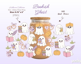 Bookish Ghost Libbey Glass Png, Cute Ghost Reading Can Wrap, Spooky Halloween Cup Wrap, Cozy Bookish Tumbler Design, Halloween Coffee Cup