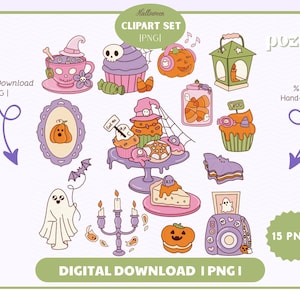 May include: A collection of Halloween-themed digital clip art. The set includes various illustrations such as cupcakes, pumpkins, ghosts, and a candelabra. The color palette features pastel pinks, purples, oranges, and greens. Text on the image reads "Halloween CLIPART SET IPNGI" and "DIGITAL DOWNLOAD | PNG |".