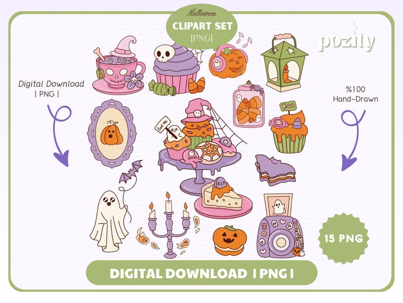May include: A collection of Halloween-themed digital clip art. The set includes various illustrations such as cupcakes, pumpkins, ghosts, and a candelabra. The color palette features pastel pinks, purples, oranges, and greens. Text on the image reads "Halloween CLIPART SET IPNGI" and "DIGITAL DOWNLOAD | PNG |".