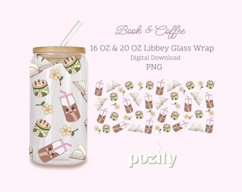Cute Iced Coffe Libbey Glass Can Wrap Png, Books and Coffee 16oz 20oz Libbey Glass Can Wrap Png, Book Lover Libbey Can Wrap, bookish png