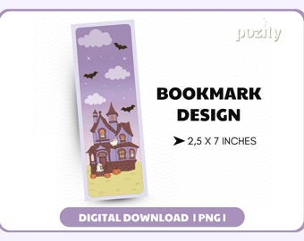 Segnalibro di Halloween in formato PNG, simpatico segnalibro con fantasma che legge, design creativo e artistico con zucca e stile libresco, segnalibro con fantasma che legge