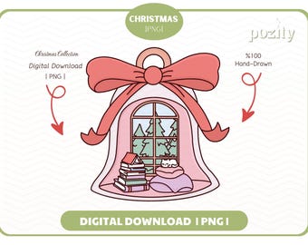 May include: A digital Christmas bell illustration with a pink bow, window, and a stack of books. The window shows a winter scene with trees and a cat. Text includes "Christmas," "Digital Download," and "Hand-Drawn."