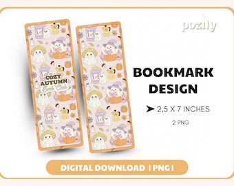 Marcapáginas de otoño acogedor (PNG), marcapáginas creativo de fantasmas de libros, lindo y moderno marcapáginas imprimible de Halloween otoñal (PNG), uso comercial