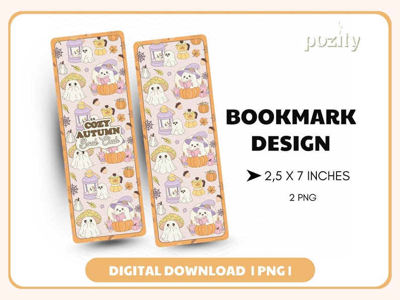 May include: Two rectangular bookmarks with a cozy autumn theme. Each bookmark features illustrations of ghosts, pumpkins, and mushrooms. The text "Cozy Autumn Book Club" is visible. The bookmarks are 2.5 x 7 inches.