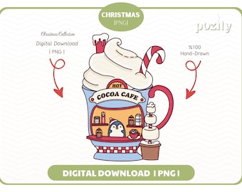 Hot Cocoa Cafe png, schattige pinguïn png, hot Cocoa Shop Design, trendy kerst, wintervakantie feestseizoen, png voor stickers, commercieel gebruik