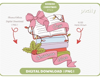 May include: A digital illustration of a stack of books with a pink bow, holly, and string lights. The top book is open with the word "Cozy" on a pink banner. A banner below reads "Christmas Tales". The image is labeled "Bookish Christmas".