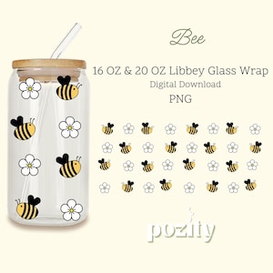 Bee Libbey Glass Can Wrap Png, Bee 16oz 20oz Libbey Glass Can Png, Bee and Daisy Cup Wrap Png, Cute Bee Libbey Glass Png, 16oz Bee Libbey