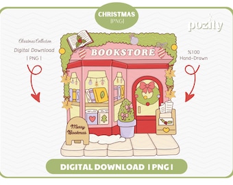 Può includere: Illustrazione digitale di una libreria rosa decorata per Natale. La facciata presenta una ghirlanda, ghirlande e la scritta "BOOKSTORE". Un cartello dice "Merry Bookmas". L'immagine è un download digitale.