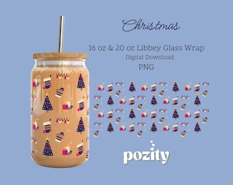 Kerst 16 oz en 20 oz glazen blikje wrap png, leuke kerst beker wrap png, Libby glas blikje inpakken, kerstboom 16 oz Libbey glas blikje inpakken