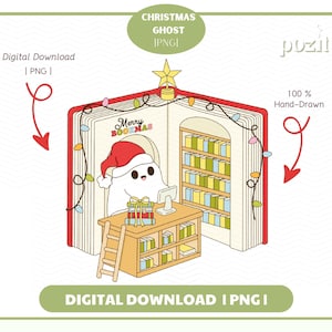 May include: A whimsical illustration of a Christmas ghost inside a book-shaped library. The ghost wears a Santa hat and sits at a desk with gifts. The book has shelves of books and the text "Merry BOOKMAS". The image includes the text "Digital Download | PNG".