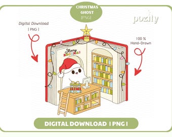 Christmas Bookish Ghost PNG, Christmas Bookstore Design, Merry Bookmas Clipart, Cute Winter Holiday Season Spooky Bookish png for Stickers