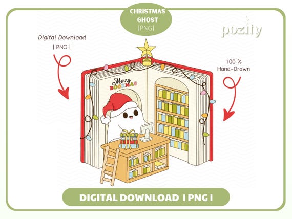 Christmas Bookish Ghost PNG, Christmas Bookstore Design, Merry Bookmas Clipart, Cute Winter Holiday Season Spooky Bookish png for Stickers
