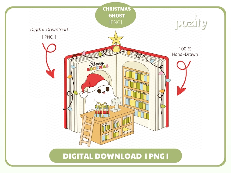 May include: A whimsical illustration of a Christmas ghost inside a book-shaped library. The ghost wears a Santa hat and sits at a desk with gifts. The book has shelves of books and the text "Merry BOOKMAS". The image includes the text "Digital Download | PNG".