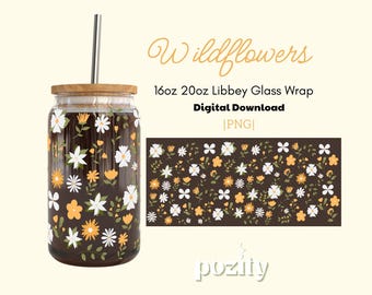 Vildblommor 16oz 20oz Libbey glasburkförpackning PNG, söt blomglasförpackning, Cottagecore estetisk muggförpackning, vintage botanisk tumblerdesign