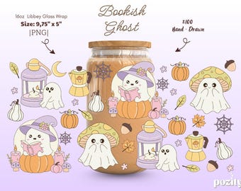 Bookish Ghost Cup Wrap Png, Haunted Book Camp Libbey Glass, Kawaii Mushroom Ghost Glass Wrap, Spooky Halloween Tumbler Design, Cozy Fall Cup