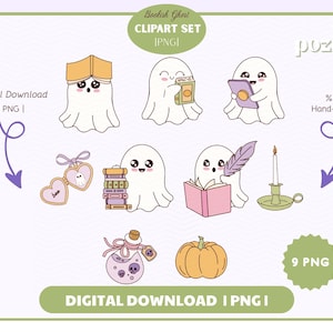 Könnte beinhalten: Ein digitales Clipart-Set mit Cartoon-Geistern mit Büchern, einem Kürbis, einer Zaubertrankflasche und einer Kerze. Der Text "Bookish Ghost" und "Digital Download" sind enthalten. Das Set ist handgezeichnet und enthält 9 PNG-Dateien.