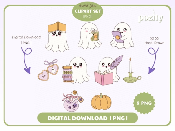Bookish Ghost Clipart Set Png, Halloween Ghost PNG, Kawaii Halloween Art, Spooky Digital Download, Ghost Reading Bundle, Spooky Ghost Season