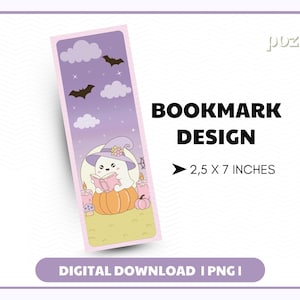 Puede incluir: Diseño de marcapáginas rectangular con un fantasma de dibujos animados leyendo un libro sentado en una calabaza. El marcapáginas tiene un cielo púrpura con murciélagos y nubes. Se muestra el texto "BOOKMARK DESIGN". El marcapáginas mide 6,35 cm x 17,78 cm.