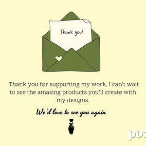 May include: An olive green envelope with a white heart and a note that says "Thank you!". The image also includes the text "We'd love to see you again" and a hand gesture.