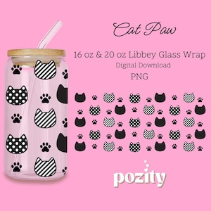Cute Cat and Paws Can Glass Wrap Png, Can Glass Full Wrap Libbey 16oz 20oz, Cat Coffee Glass Png, Cute UV DTF Designs, Paw Print Cup Design