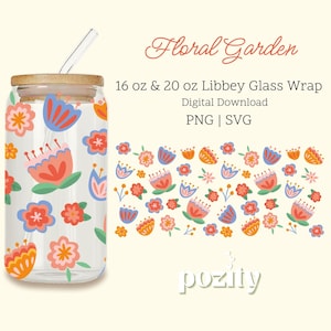 Wunderliche Blume Libbey Glas Png svg, bunte Blumengarten-Glasverpackung, Boho-Blumen-Cup-Wrap-Design, Frühlings-Blumenglasverpackung, Eiskaffee