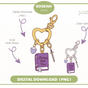 Peut inclure: Un porte-clés doré avec un charm en forme de cœur, un charm en forme de livre violet avec le texte "Fantasy Book Club", une fiole de potion et un charm en forme d'épée. L'image comprend également un porte-clés plus petit, de couleur argentée avec les mêmes breloques.