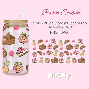 May include: A digital download of a 16 oz and 20 oz Libbey glass wrap design featuring a picnic theme with strawberries, croissants, jam jars, and picnic baskets. The design is in pink, brown, and green colors. The text "Picnic Season" and "pozity" are also included in the design.