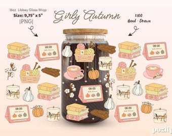 Girly Autumn Glass Can Wrap Png, Cozy Autumn Bookish Libbey Wrap, Happy Fall Glass Wrap Png, Fall Bookish Tumbler Wrap, Fall uv dtf Cup Wrap
