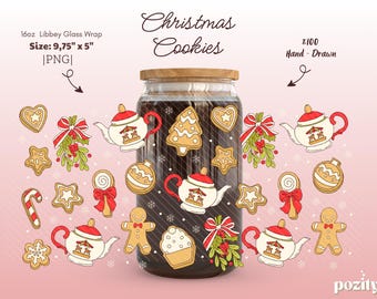 May include: A glass jar with a wooden lid, decorated with various Christmas cookie illustrations. The jar is labeled "Christmas Cookies" and "16oz Libbey Glass Wrap, Size: 9.75" x 5". The design includes gingerbread men, stars, and teapots.