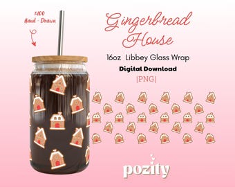Gingerbread House Libbey Glass Can Cup Wrap PNG, Cute Christmas Cup Wrap, 16oz 20oz Gingerbread House Tumbler Wrap Png, Christmas Libbey Png