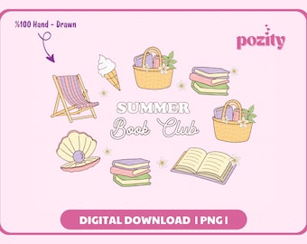 Summer Book Club Png, Trendy Aesthetic Bookish Clipart, Summer Beach Season Bookish Vacation Png For Stickers, Booklover png, Commercial use