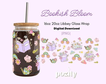 Bookish Bloom Libbey Glass Can Wrap Png, Bookish Glass Wrap, Cute Trendy Aesthetic Book Lover Glass Can Cup Wrap, Floral Tumbler Wrap Design