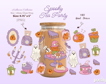 Spooky Halloween Libbey Glass Png, Spooky Tea Party Can Wrap, Tea Lover Halloween Iced Coffee Wrap, Kawaii Halloween Tumbler Wrap, Ghost Cup