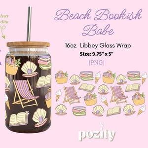 Beach Bookish Libbey Glass Can Wrap Png, Girly Floral Summer 16oz Cup Design, Coastal Aesthetic Tumbler Wrap, Beach Reader Cup Can Wrap Png