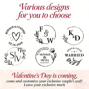 May include: Various designs for couples' seals are shown, including initials, names, and dates. The text "Valentine's Day is coming, come and customize your exclusive couple's seal!" is also displayed.