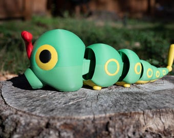 3D Printed Articulating Caterpie | Poseable Pokémon Figurine | Multi-Color PLA | Desk Toy | Pokémon Gift | Fidget Toy | Nintendo Fan Gift