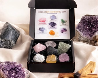 Gemstone Harmony Box – 7 Healing Stone Set | Amethyst, Rose Quartz, Rock Crystal | Spiritual Gift, Meditation & Energy Stones