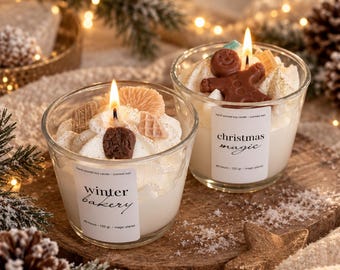 2 ljus, set om 2: Vinterbageri och julmagi, julljus i glas, present, handgjort doftljus, vinterpresentidé, advent